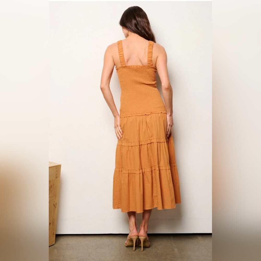 HYFVE Square Neck Midi Dress in Rich Tan Cinched Bodice W/Side Zipper& Side Slit - Picture 6 of 13